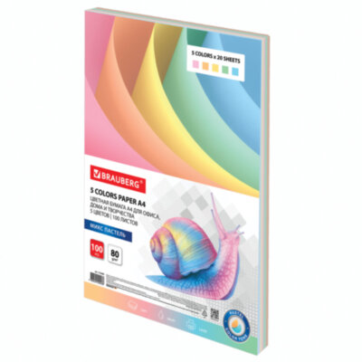 Бумага цветная BRAUBERG, А4, 80 г/м2, 100 л., (5 цветов х 20 листов), пастель, для офисной техники, 112460, 112460