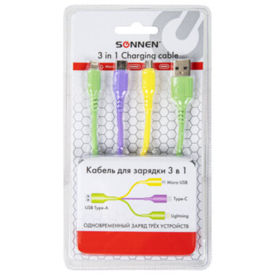 Кабель для зарядки 3 в 1 USB 2.0-Micro USB/Type-C/Lightning, 1 м, SONNEN, медь, 513562, 513562
