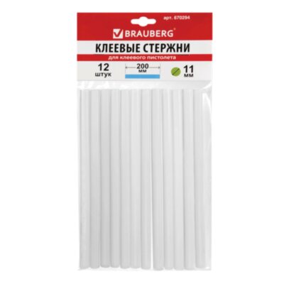 Клеевые стержни, диаметр 11 мм, длина 200 мм, прозрачные, комплект 12 шт., BRAUBERG, европодвес, 670294, 670294