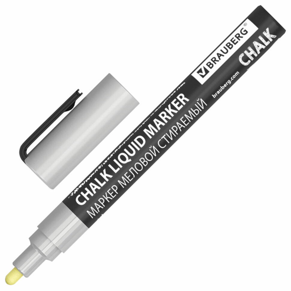 Маркер меловой CHALK LIQUID MARKER, СЕРЕБРИСТЫЙ, 3 мм, стираемый, BRAUBERG "CHALK", 152593, 152593