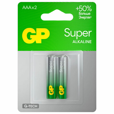 Батарейки КОМПЛЕКТ 2 шт., GP Super G-Tech, AAA (LR03, 24А), алкалиновые, мизинчиковые, блистер, 24A-2, 24A-2CR2, 456682