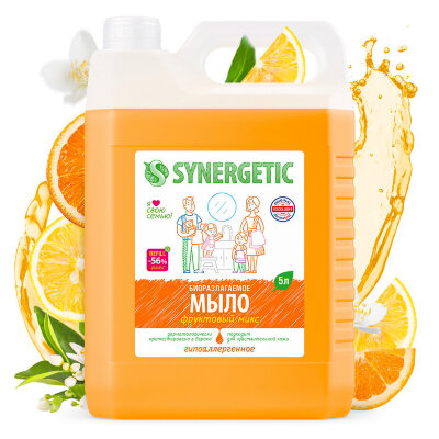 Мыло жидкое 5 л SYNERGETIC "Фруктовый микс", гипоаллергенное, биоразлагаемое, 105502, 608029