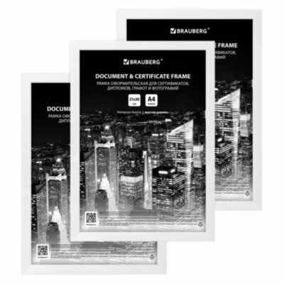 Рамка 21х30 см небьющаяся, КОМПЛЕКТ 3 шт., багет 14 мм дерево, BRAUBERG "Elegant", белая, 391355, 391355