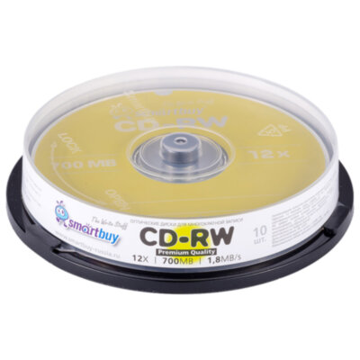Диски CD-RW SMARTBUY, 700 Мб, 4-12x, Cake Box (упаковка на шпиле), КОМПЛЕКТ 10 шт., SBCD-RW10, 513981