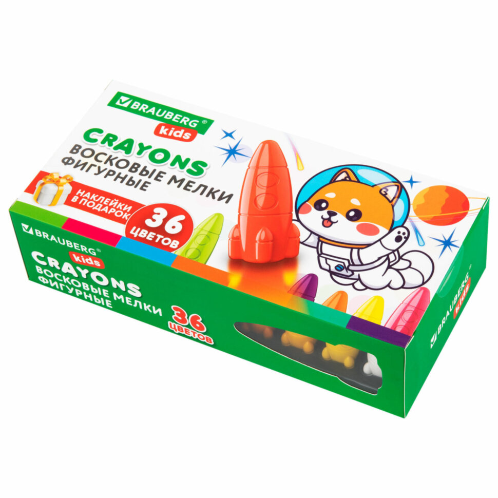 Восковые мелки фигурные BRAUBERG KIDS "РАКЕТА", НАБОР 36 цветов + НАКЛЕЙКИ В ПОДАРОК, 273084, 273084