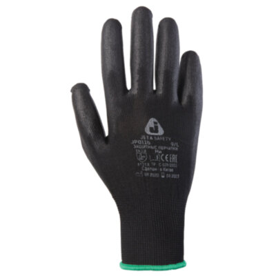 Перчатки нейлоновые JETA SAFETY, полиуретановое покрытие, КОМПЛЕКТ 12 пар, размер 8, M (средний), черные, JP011b, JP011b-M, 700618