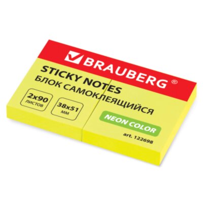 Блок самоклеящийся (стикеры), BRAUBERG, НЕОНОВЫЙ, 38х51 мм, 90 листов, КОМПЛЕКТ 2 штуки, желтый, 122698, 122698