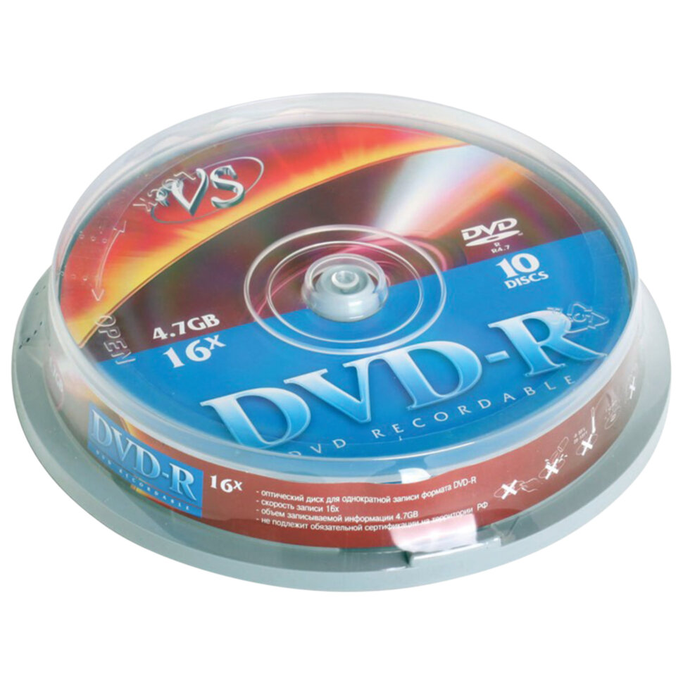 Диск DVD-R VS 4,7 Gb Cake Box (упаковка на шпиле), КОМПЛЕКТ 10 шт., VSDVDRCB1001, 511542