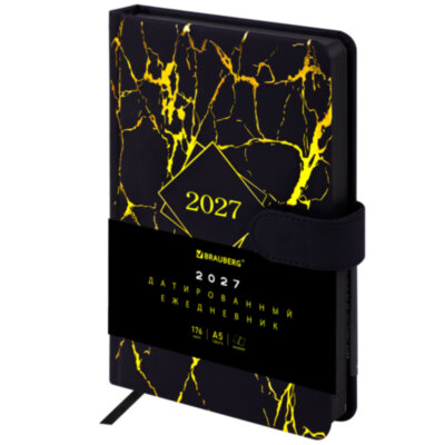 Ежедневник датированный 2027, А5, 138x213 мм, BRAUBERG "Goldy", под кожу, магнитная застежка, цветной срез, черный, 117898, 117898