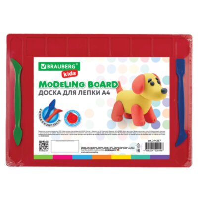 Доска для лепки А4, 280х200 мм, BRAUBERG KIDS, красная, 7 отделений для пластилина, 2 стека, 274257, 274257