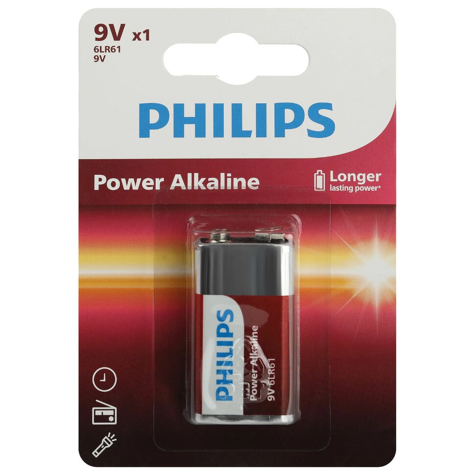 Батарейка алкалиновая 1 шт. PHILIPS Power Alkaline, Крона 9V (6LR61, 6LF22, 1604A), блистер, Б0062717, 457393