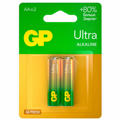 Батарейки КОМПЛЕКТ 2 шт., GP Ultra G-Tech, AA (LR6,15А), алкалиновые, пальчиковые, 15AUA21-2CRSBC2, 457745