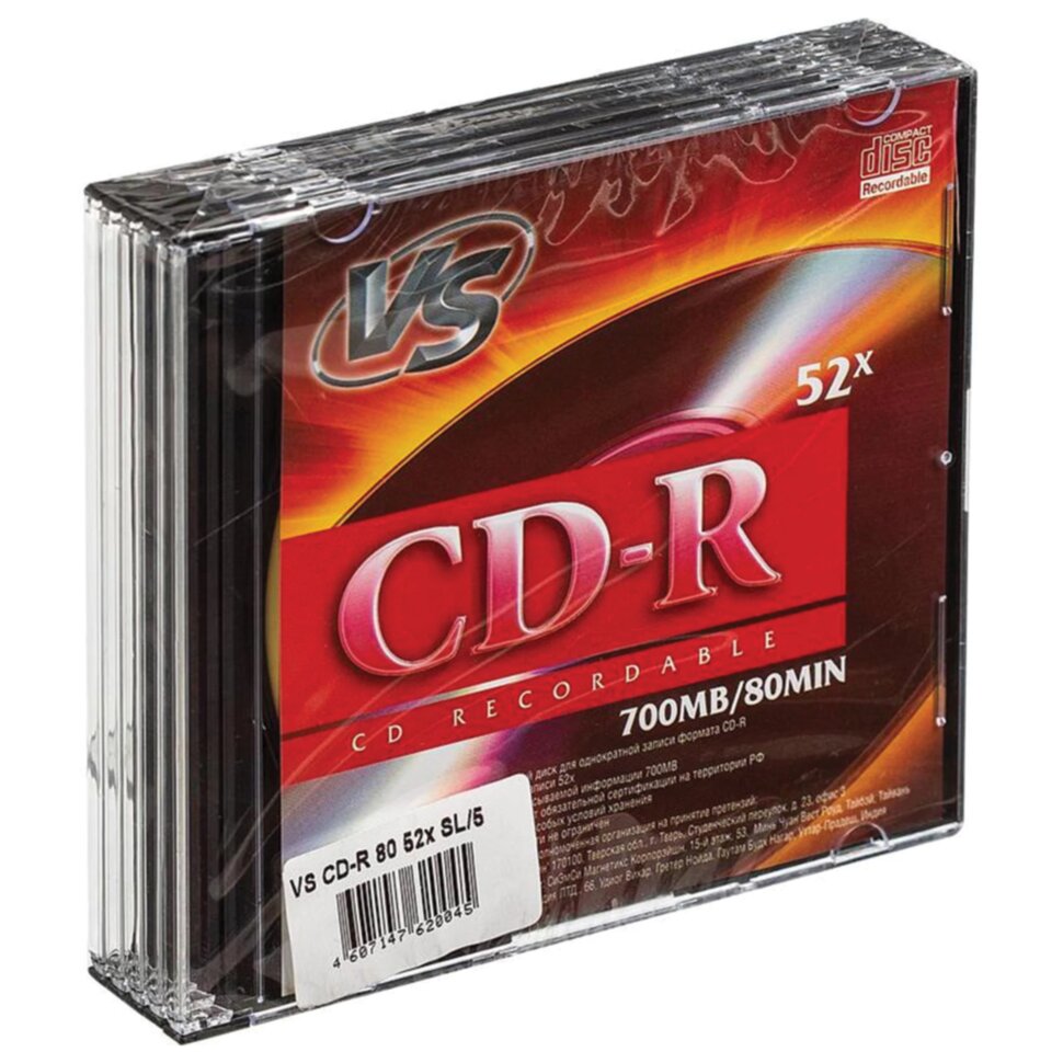 Диск CD-R VS, 700 Мб, 52x, Slim Case, КОМПЛЕКТ 5 шт., VSCDRSL501, 513999