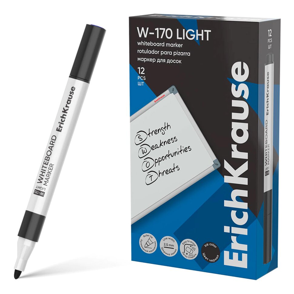 Маркер стираемый для белой доски, ЧЕРНЫЙ, ERICH KRAUSE "W-170 Light", круглый наконечник, 2,5 мм, 63567, 152641