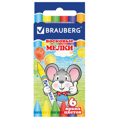 Восковые мелки BRAUBERG, НАБОР 6 цветов, 222961, 222961