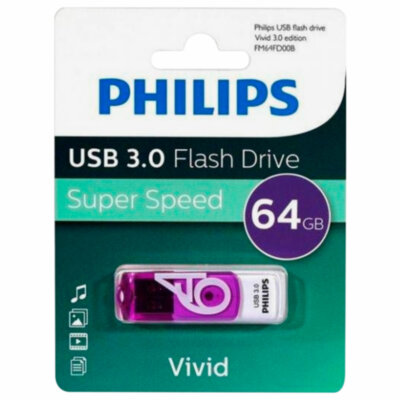 Флеш-диск 64 GB PHILIPS VIVID, разъем USB 3.0, фиолетовый, FM64FD00B/97, 514096