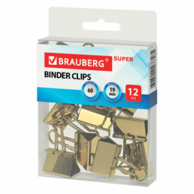 Зажимы для бумаг BRAUBERG EXTRA, КОМПЛЕКТ 12 шт., 19 мм, на 60 л., золотистые, европодвес, 229586, 229586