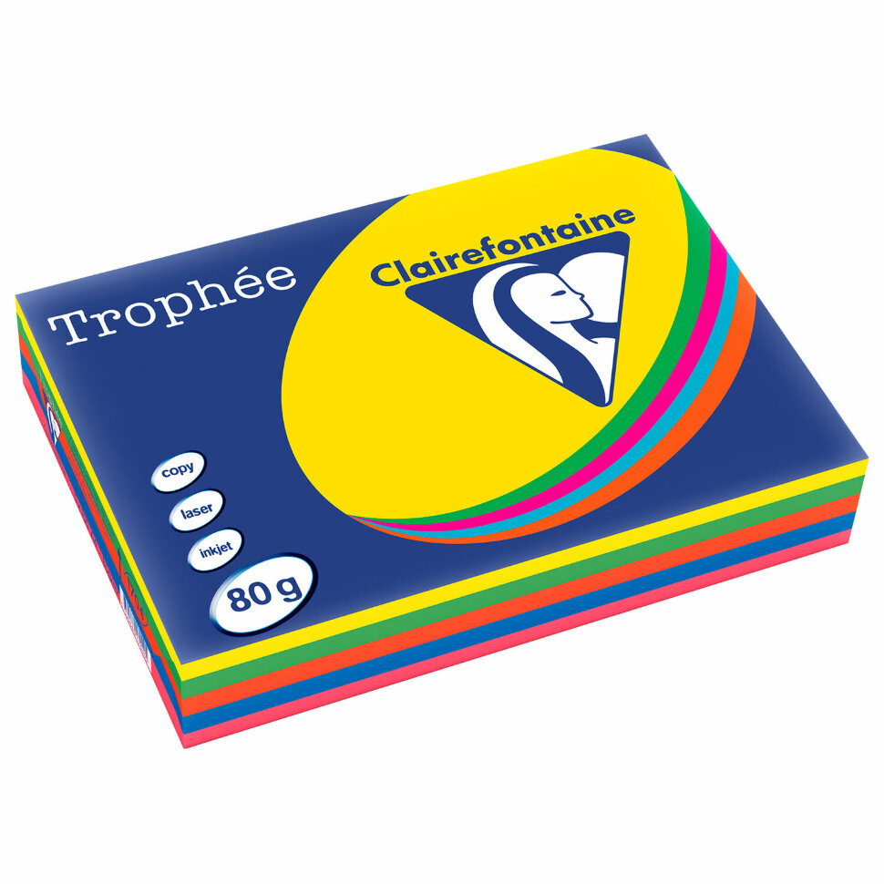 Бумага цветная CLAIREFONTAINE, А4, 80 г/м2, 500 л. (5 цветов x 100 л.), микс интенсив, Франция, 1704SC, 116728