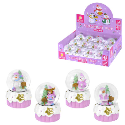 Снежный шар "Sweet Xmas" диаметр 45 мм, полистоун/стекло, 4 дизайна ассорти, ЗОЛОТАЯ СКАЗКА, 592596, 12 штук, 592596