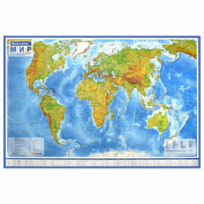 Карта мира физическая 120х78 см, 1:25М, с ламинацией, интерактивная, европодвес, BRAUBERG, 112379, 112379