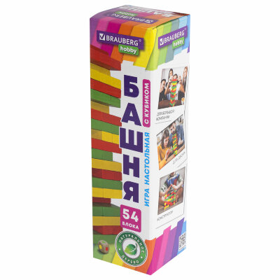 Игра настольная "ЦВЕТНАЯ БАШНЯ", 54 окрашенных деревянных блока + кубик, BRAUBERG HOBBY, 665493, 665493