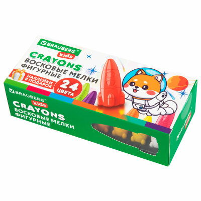 Восковые мелки фигурные BRAUBERG KIDS "РАКЕТА", НАБОР 24 цвета + НАКЛЕЙКИ В ПОДАРОК, 273083, 273083