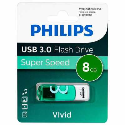 Флеш-диск 8 GB PHILIPS VIVID, разъем USB 3.0, зеленый, FM08FD00B/97, 514093