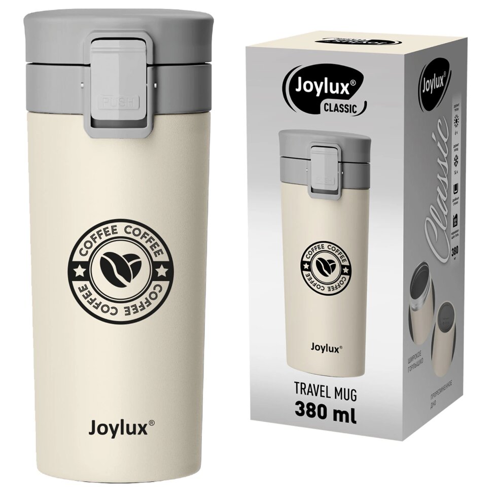 Термокружка 380 мл JOYLUX (ДЖОЙЛЮКС) CLASSIC COFFEE, нержавеющая сталь SUS304, бежевый с принтом, 700273, 700273
