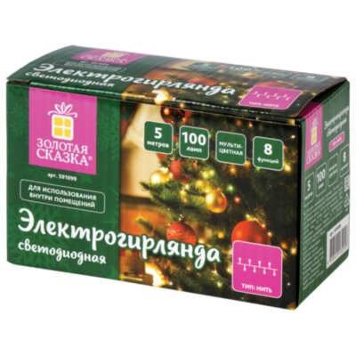 Электрогирлянда-нить комнатная "Стандарт" 5 м, 100 LED, мультицветная, 220 V, контроллер, ЗОЛОТАЯ СКАЗКА, 591099, 591099