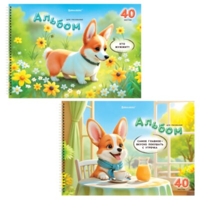 Альбомы для рисования ДЭК, А4, 40 л., КОМПЛЕКТ 2 шт., гребень, глянцевый лак, BRAUBERG, 200х290 мм, "Корги", 107739, 107739