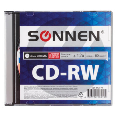Диск CD-RW SONNEN, 700 Mb, 4-12x, Slim Case (1 штука), 512579, 10 шт., 512579