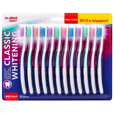 Зубная щетка жесткая CLASSIC WHITENING, КОМПЛЕКТ 12 шт. (10 + 2 в подарок), LAIMA DENT, 609694, 609694
