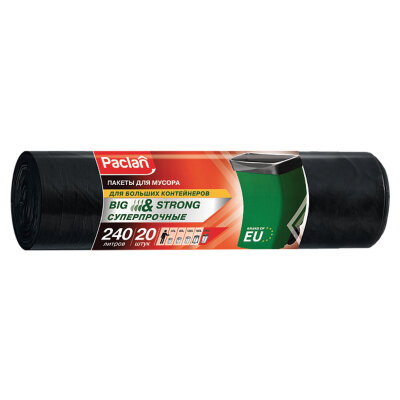 Мешки для мусора 240 л, черные, в рулоне 20 шт., ПВД, 35 мкм, 130х90 см, PACLAN "Big&amp;Strong", 402209, 600823