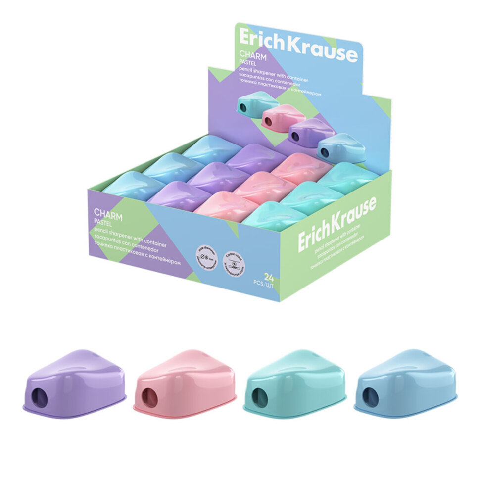 Точилка ERICH KRAUSE "Charm Pastel", с контейнером, пластиковая, корпус ассорти, 60031, 24 штук, 274250