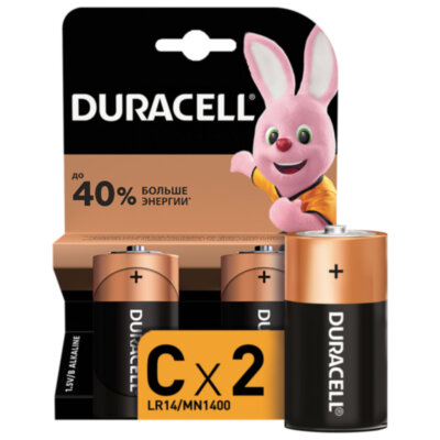 Батарейки КОМПЛЕКТ 2 шт., DURACELL Basic ОРИГИНАЛ, С (LR14, 14А), алкалиновые, блистер, 450428