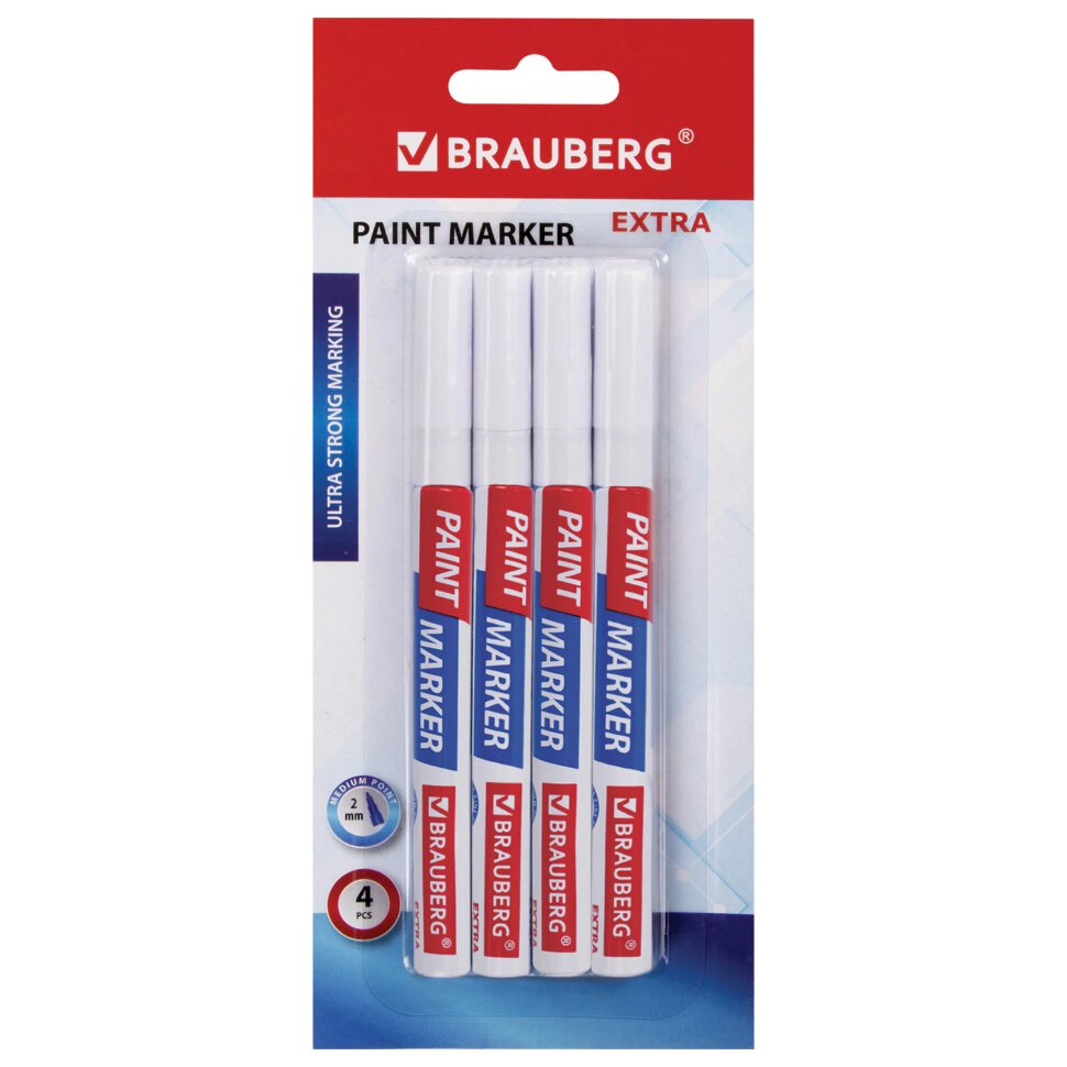 Маркер-краска лаковый EXTRA (paint marker) 2 мм, БЕЛЫЕ, НАБОР 4 шт., УСИЛЕННАЯ НИТРО-ОСНОВА, BRAUBERG, 151995, 151995