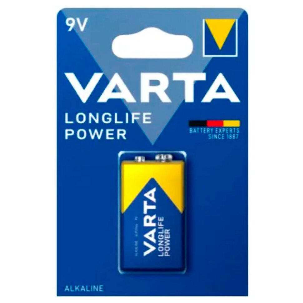 Батарейка алкалиновая 1 шт., VARTA LONGLIFE POWER, Крона 9V (6LR61, 6LF22, 1604A), 4922121411, 457413