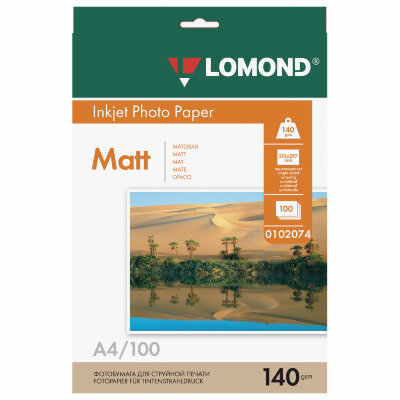 Фотобумага матовая, А4, 140 г/м2, односторонняя, 100 листов, LOMOND, 0102074, 364011
