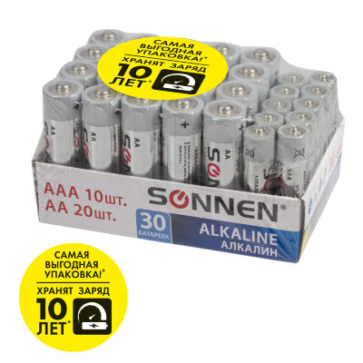 Батарейки КОМПЛЕКТ 30 (20+10) шт., SONNEN Alkaline, AA+ААА (LR6+LR03), в коробке, 455097, 455097