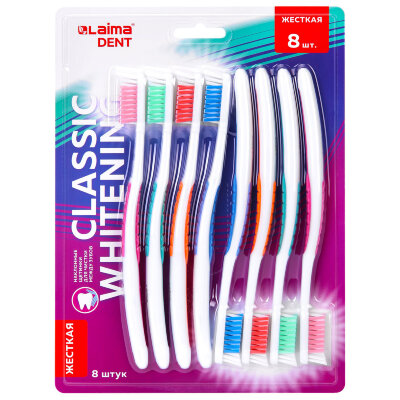 Зубная щетка жесткая CLASSIC WHITENING, безопасное отбеливание, КОМПЛЕКТ 8 шт., LAIMA DENT, 609315, 609315