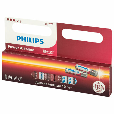 Батарейки алкалиновые "мизинчиковые" КОМПЛЕКТ 12 шт., PHILIPS Power Alkaline, ААА (LR03, 15А), блистер, Б0064681, 457395