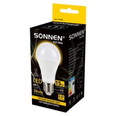 Лампа светодиодная SONNEN EXTRA, 15 (130) Вт, Е27, груша, теплый белый, 30000 ч, LED A60-15W-2700-Е27, 457896, 457896
