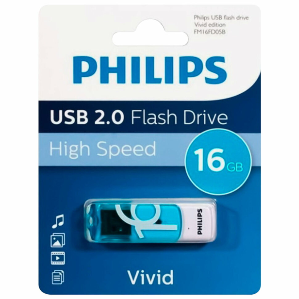 Флеш-диск 16 GB PHILIPS VIVID, разъем USB 2.0, синий, FM16FD05B/97, 514089