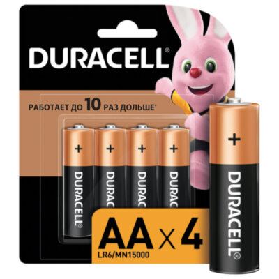 Батарейки КОМПЛЕКТ 4 шт., DURACELL Basic ОРИГИНАЛ, AA (LR6, 15А), алкалиновые, пальчиковые, MN 1500 АА LR6, 450402