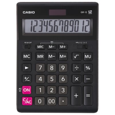 Калькулятор настольный CASIO GR-12-W (209х155 мм), 12 разрядов, двойное питание, черный, европодвес, GR-12-W-EP, 250380