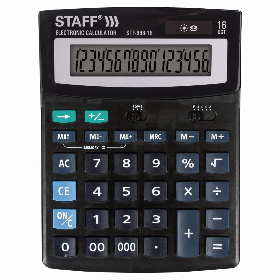 Калькулятор настольный STAFF STF-888-16 (200х150 мм), 16 разрядов, двойное питание, 250183, 250183
