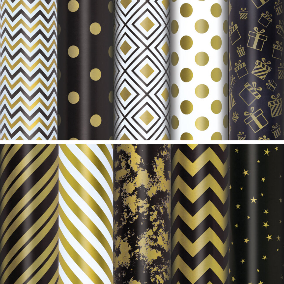 Бумага упаковочная подарочная мелованная "Golden pattern", 70x100 см, 10 дизайнов ассорти, ЗОЛОТАЯ СКАЗКА, 591912, 50 шт., 591912