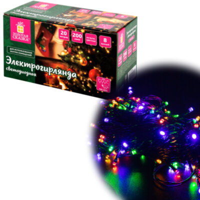 Электрогирлянда-нить комнатная "Стандарт" 20 м, 200 LED, мультицветная, 220 V, контроллер, ЗОЛОТАЯ СКАЗКА, 591358, 591358