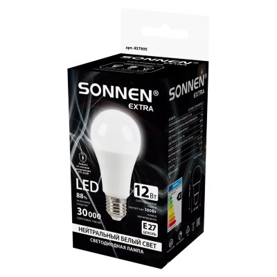 Лампа светодиодная SONNEN EXTRA, 12 (100) Вт, Е27, груша, нейтральный белый, 30000 ч, LED A60-12W-4000-Е27, 457895, 457895