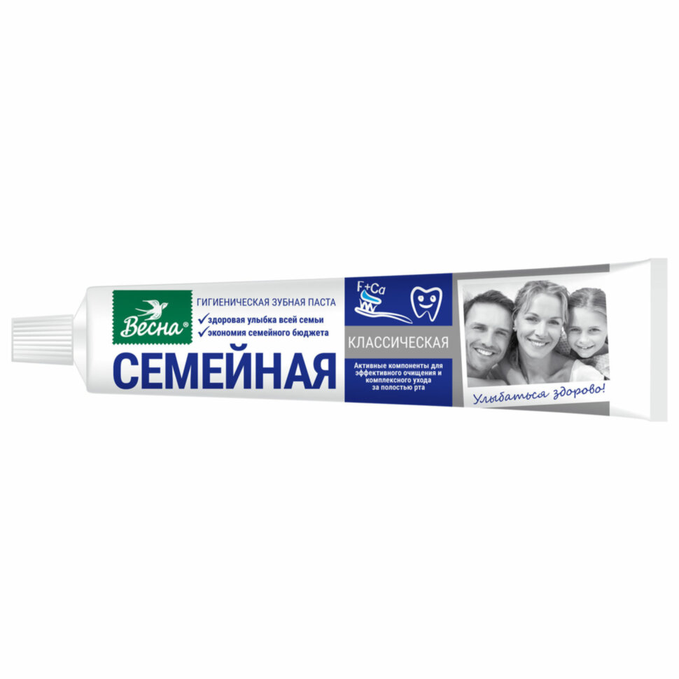 Зубная паста 90 г СЕМЕЙНАЯ (Весна) "Классическая", отбеливающая, защита от кариеса, 8096, 608734